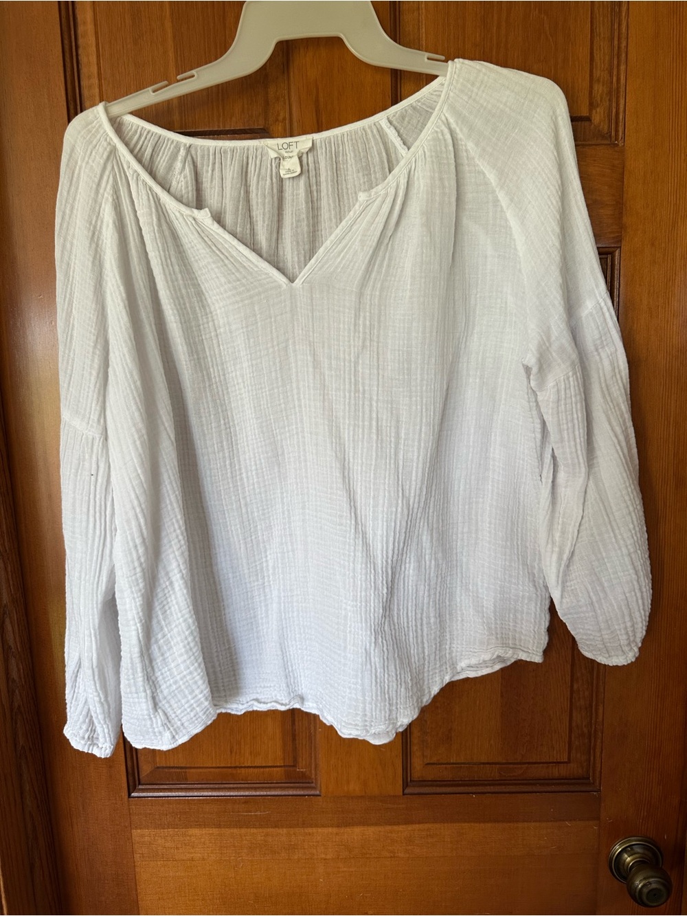 LOFT White Crinkled V-Neck Long-Sleeve Blouse